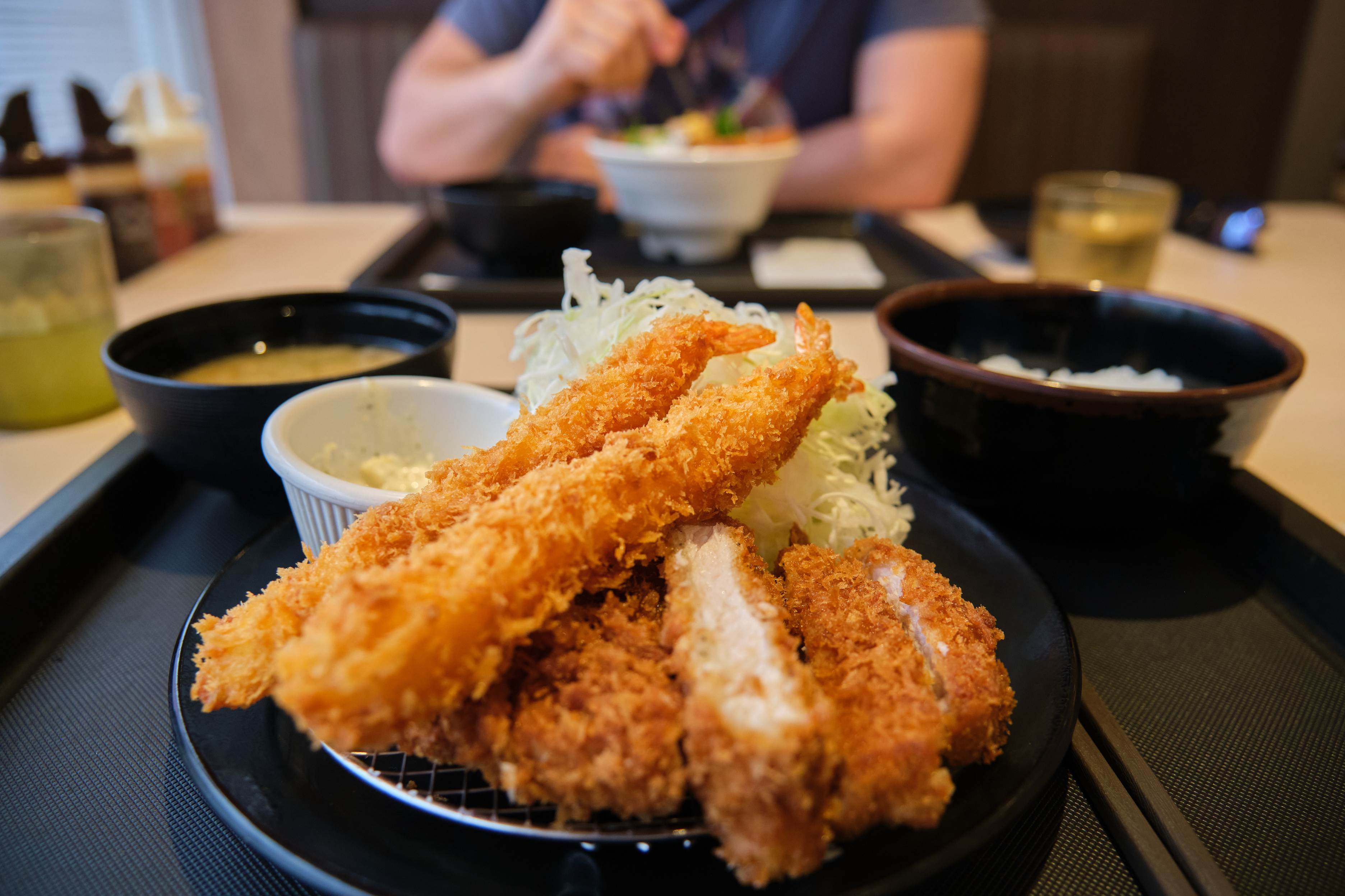 Tonkatsu set with panko breaded deep fried prawn with shredded cabbage.